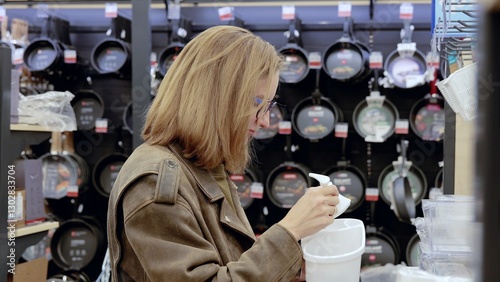 Billede på lærred Woman thoughtfully evaluates white plastic container in supermarket amidst kitch