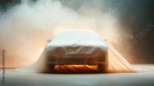 A car shrouded in a delicate veil, illuminated by soft lighting, evokes curiosity and intrigue, creating a sense of mystery about what lies beneath the cover.
