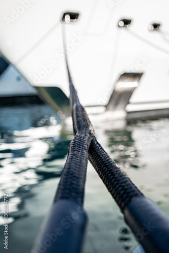 Detail shot of mooring line at the bow of a superyacht