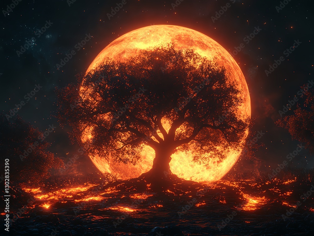 A vivid glowing tree standing against a massive moon A vivid glowing tree standing against a massive moon