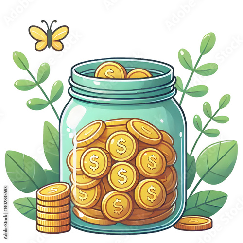 Jar with full of coins and empty. Creative financial concept of saving money, wealth, rich, and investment. Simple trendy cute cartoon object vector