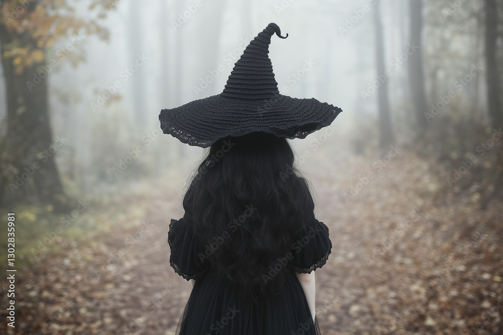 Fototapeta premium A mysterious figure wearing a large black witch hat stands in a foggy forest. The scene is atmospheric with autumn leaves scattered on the ground, creating an enchanting and eerie vibe.