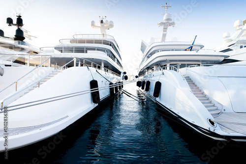 Foto Black and White image of large superyacht or megayach located in Genova, Italy a