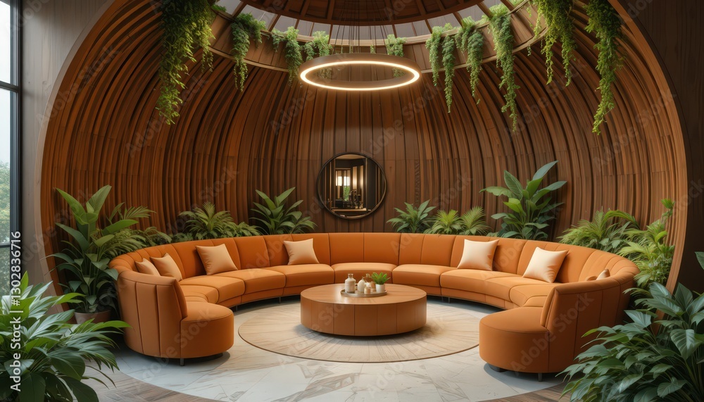 Fototapeta premium Serene Indoor Oasis: A Luxurious Circular Sofa in a Wooden Dome with Lush Greenery