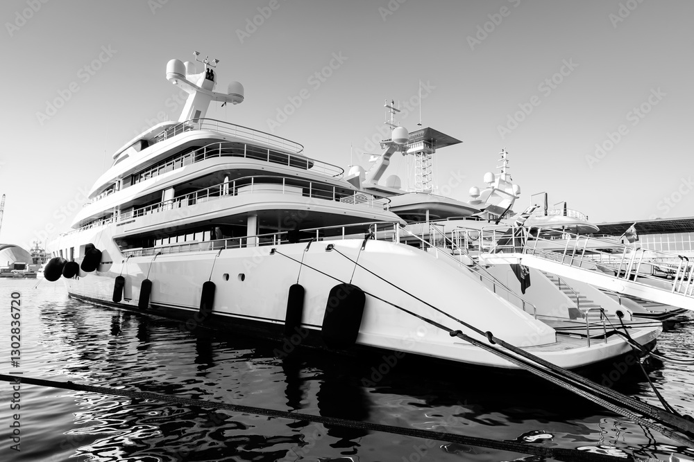 Obraz premium Black and White image of large superyacht or megayach located in Genova, Italy after shipyard maintenance 