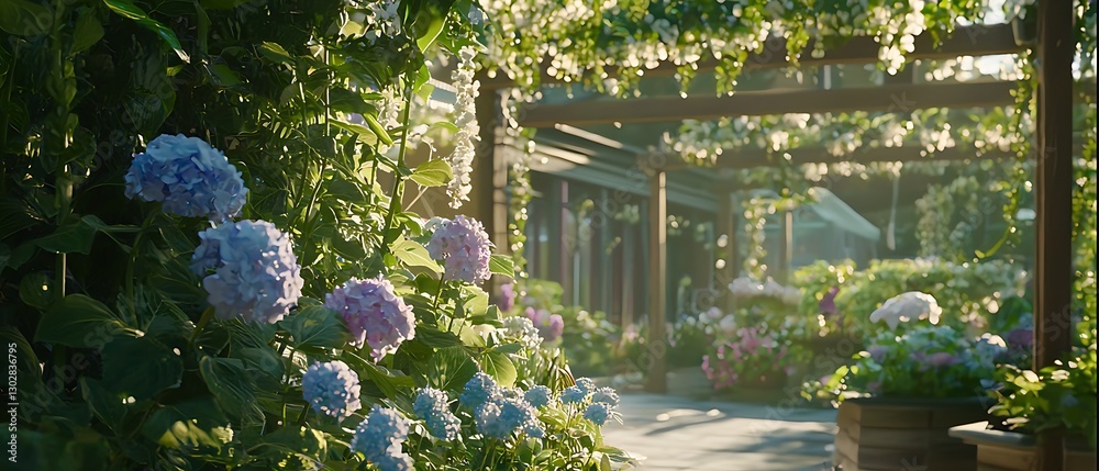 Enchanting hydrangea garden under a sunlit pergola, a serene and idyllic escape Enchanting hydrangea garden under a sunlit pergola, a serene and idyllic escape
