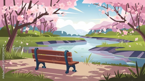 Park bench under cherry blossoms by a river in spring