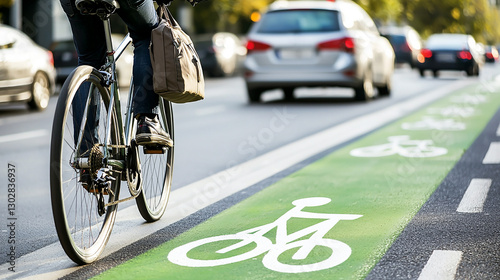 A cyclist rides in a dedicated bike lane alongside vehicle traffic, promoting safe urban transportation and active commuting.