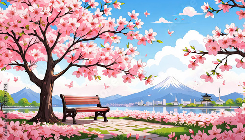 Park bench under cherry blossoms with Mount Fuji in the background