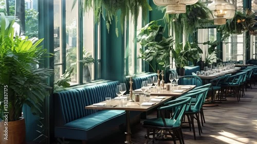 Sunlight streams through large arched windows into a luxurious indoor garden restaurant, illuminating set tables and a plush green sofa, creating a tranquil and inviting atmosphere