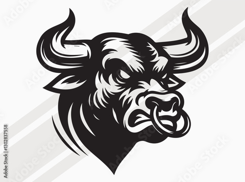 Angry Bull Face Silhouette with Fierce Expression and Powerful Stance in Bold Dark Design