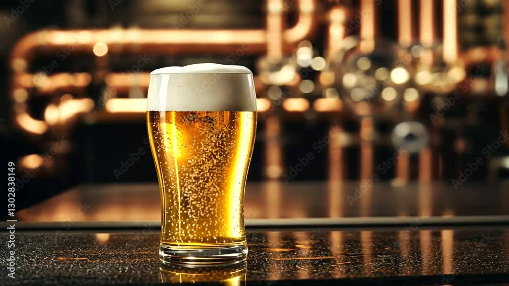 A crisp, golden lager in a branded pint glass, placed near a set of copper pipes and valves, symbolizing the industrial charm of craft brewing.