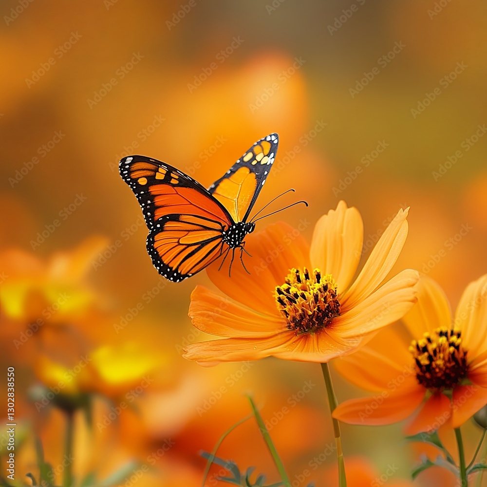 Orange butterfly on orange cosmos flowers Orange butterfly on orange cosmos flowers