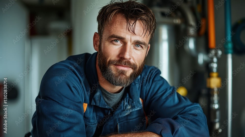 A confident male worker with a beard smiles while leaning against a metal surface, embodying professionalism, strength, and determination in an industrial setting. A confident male worker with a beard smiles while leaning against a metal surface, embodying professionalism, strength, and determination in an industrial setting.