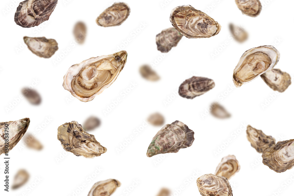 Falling Oyster isolated on white background, selective focus Falling Oyster isolated on white background, selective focus