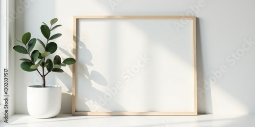Sunlight illuminates a minimalist scene featuring a blank square frame and a potted plant, creating a serene and modern ambiance.