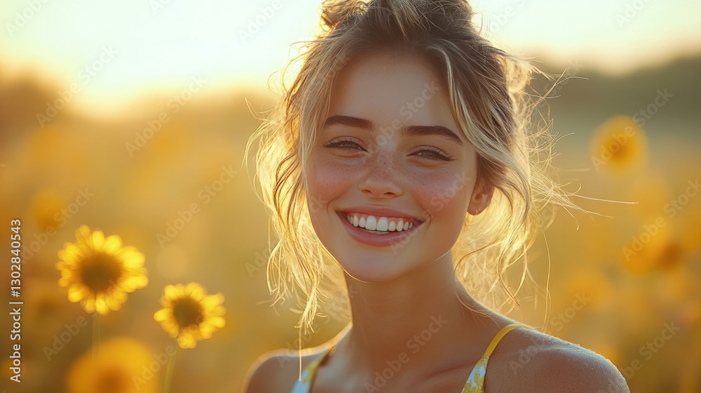 A joyful, beautiful girl with a snow-white smile laughs while using her hand to cover her eyes. skinny blonde with pale complexion wearing a white blouse and yellow swimming trunks against a blurred b A joyful, beautiful girl with a snow-white smile laughs while using her hand to cover her eyes. skinny blonde with pale complexion wearing a white blouse and yellow swimming trunks against a blurred b