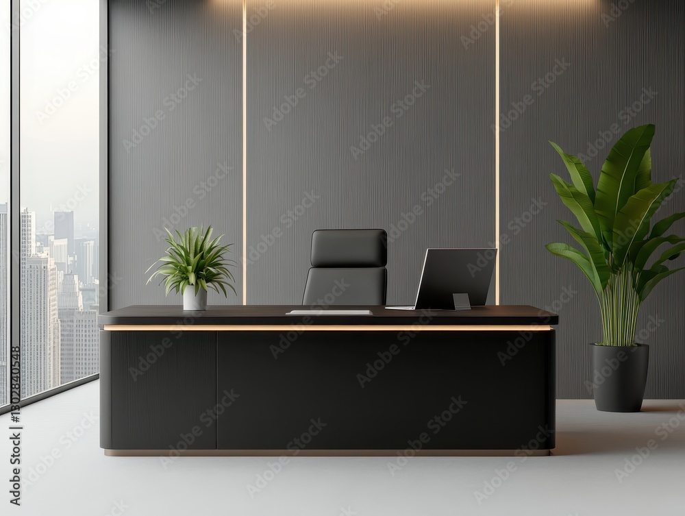 Fototapeta premium Modern office workspace featuring a sleek black desk and chair with city view