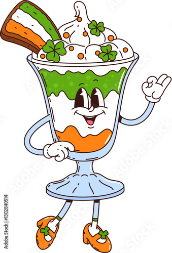 Cartoon groovy ice cream sundae dessert character, saint Patrick day sweet food personage celebrates Irish holiday. Vector retro glass cup with Ireland flag layers, rainbow and clover sprinkles on top