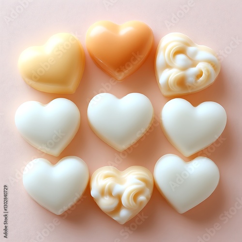Heart-shaped soaps arranged on pastel background