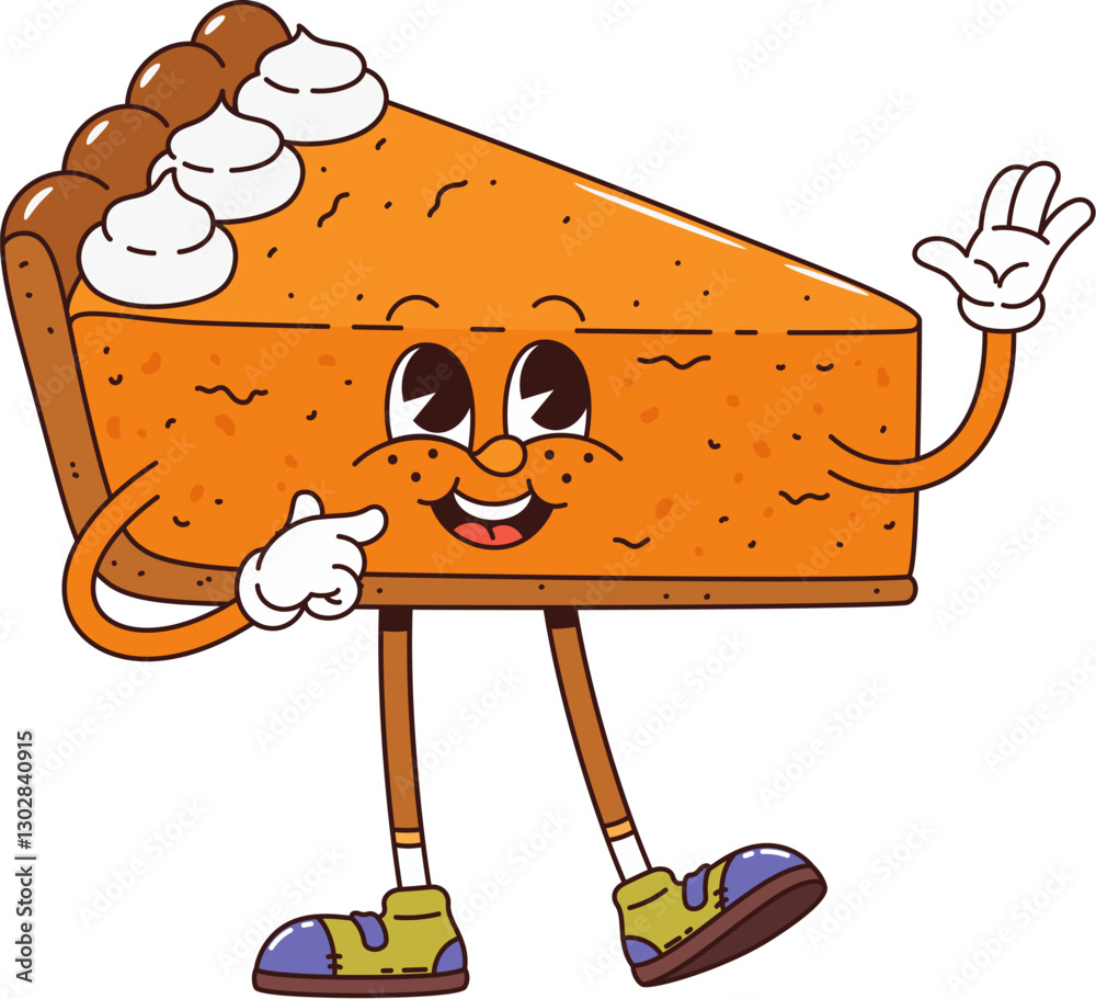 Cartoon groovy sponge cake dessert character joyfully waving. Isolated vector slice of pumpkin pie pastry retro personage smiling broadly. Funny and cute cake with creamy swirls and hippie sneakers