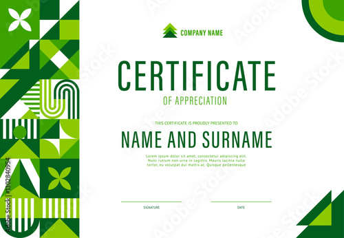 Environment certificate template with green geometric shapes. Vector modern environmental diploma of appreciation layout with a green abstract modular pattern on the left side and natural elements