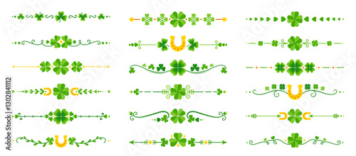 St Patrick day clover borders and dividers with green shamrocks, vector decorations. Irish ornament with clovers, golden horseshoe and arrows for flourish frame borders on Saint Patrick holiday