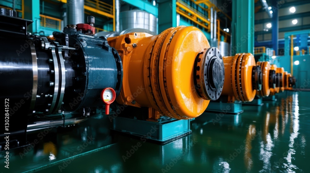 Fototapeta premium A close-up view of industrial pumps showcasing orange components and a clean environment, highlighting modern machinery and efficient manufacturing processes.