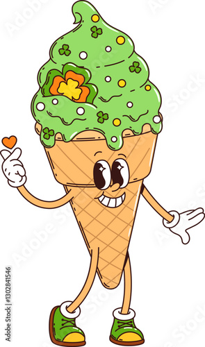 Cartoon groovy ice cream cone character, saint Patrick day dessert food with finger heart gesture. Irish funky green icecream holiday retro personage. Vector wafer cup with soft, sweet melting swirl