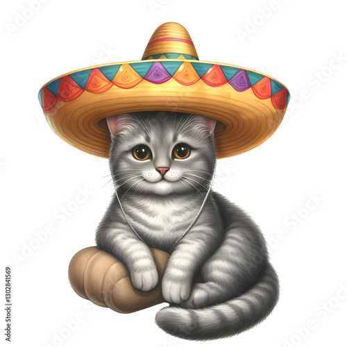 Celebratory Cat in a Mexican Sombrero Party Clipart isolated on transparent background
