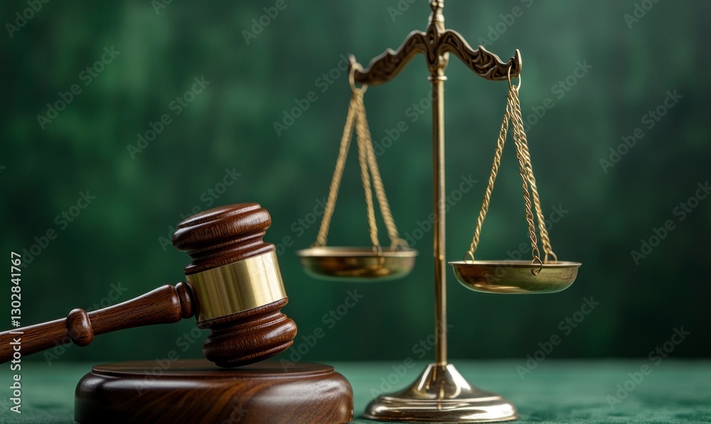 wooden gavel and scales of justice on a green background, symbolizing the law in sustainable business practices wooden gavel and scales of justice on a green background, symbolizing the law in sustainable business practices