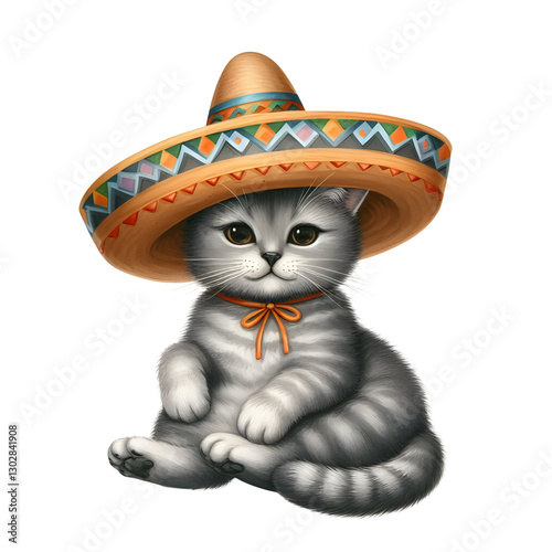 Celebratory Cat in a Mexican Sombrero Party Clipart isolated on transparent background