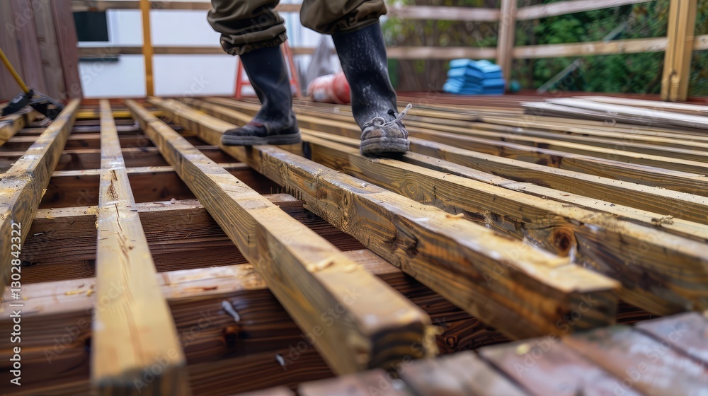 Worker Building Wooden Deck with Protective Boots Worker Building Wooden Deck with Protective Boots
