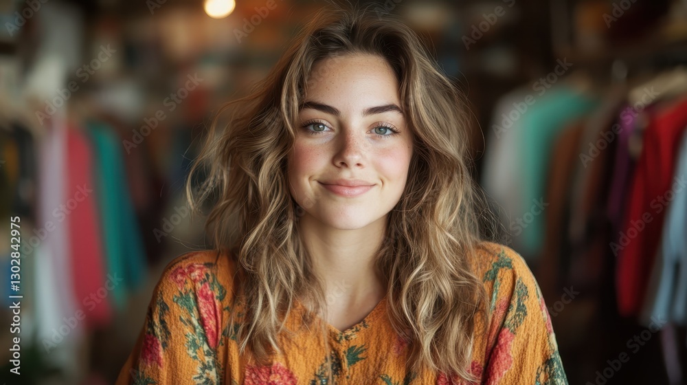 This portrait captures a young woman with wavy hair smiling softly, exuding warmth and confidence against a backdrop of colorful clothing in a vibrant setting. This portrait captures a young woman with wavy hair smiling softly, exuding warmth and confidence against a backdrop of colorful clothing in a vibrant setting.