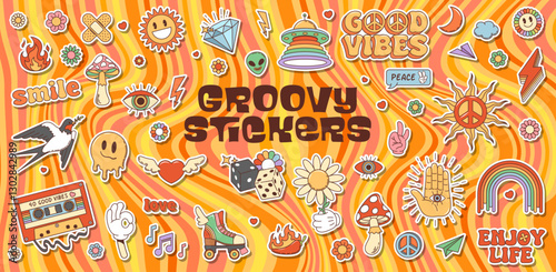 Cartoon retro groovy hippie stickers pack. Vector retro patches with and positive messages like peace and love. Daisy flowers, rainbow, smile face and alien, cassette, dice, mushroom, bird and flames