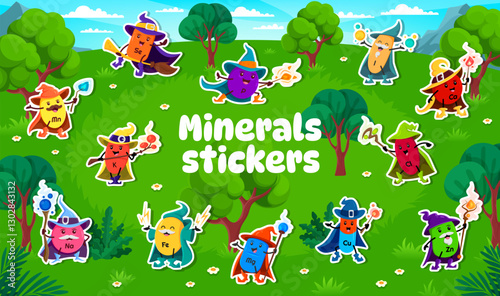 Halloween mage and witch micronutrient vitamin characters stickers pack. Cartoon vector sorcerer food supplement capsules dressed as wizards with brooms and wands casting spells in whimsical forest