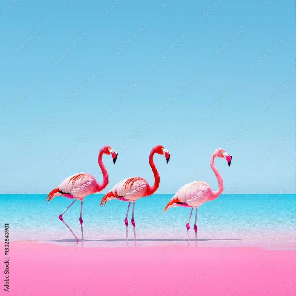 Obraz premium Flamingos and beach vibes blended in artistic harmony.