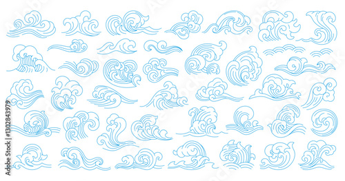 Sea japanese and chinese asian waves, ocean blue water surf vector line icons. Vintage oriental blue waves with asian geometric pattern of water splashes and ripples texture, storm or tsunami symbols
