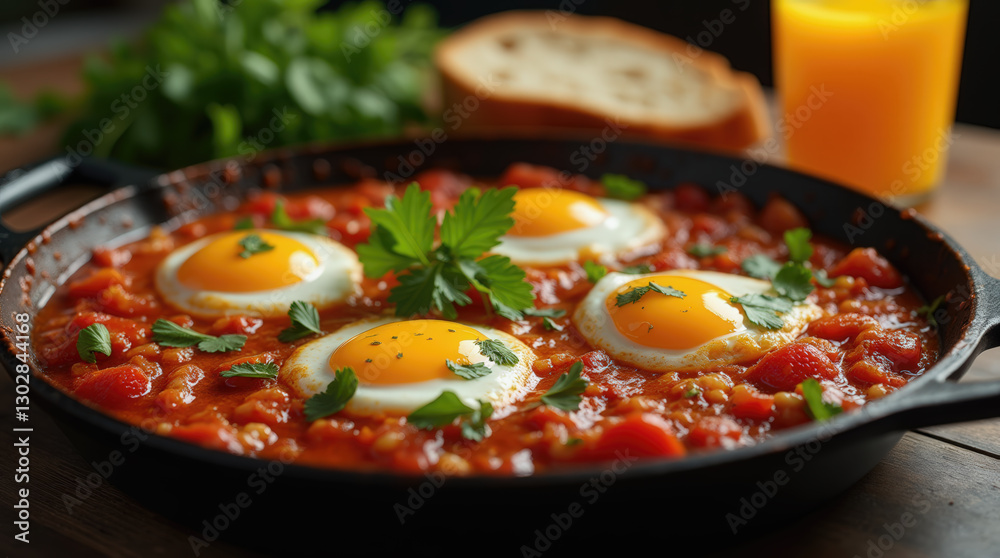 A colorful skillet filled with shakshuka featuring poached eggs simmering in a rich tomato sauce. Fresh herbs and a slice of bread accompany a glass of orange juice A colorful skillet filled with shakshuka featuring poached eggs simmering in a rich tomato sauce. Fresh herbs and a slice of bread accompany a glass of orange juice