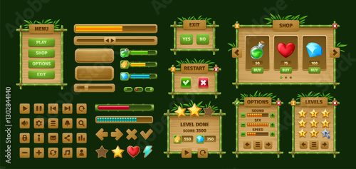 Bamboo game interface vector wooden sign boards and buttons with jungle palm tree leaves, UI elements. Cartoon bamboo wood sticks signboards, menu panels, progress bars and message windows, game asset