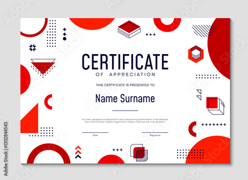 Diploma certificate vector template, winner award and honor gift with vector background frame of abstract geometric memphis pattern. Diploma certificate of education achievement horizontal template