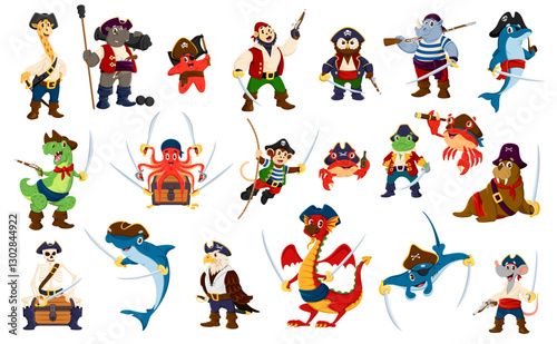 Cartoon animal pirate and corsair characters with sea captain hats, sailor bandanas and costumes. Cute vector personages of monkey, hippo, dino and owl, shark, dolphin and giraffe animal pirates
