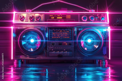 Retro-style boombox illuminated with vibrant neon lights, set against a reflective surface, evoking nostalgia