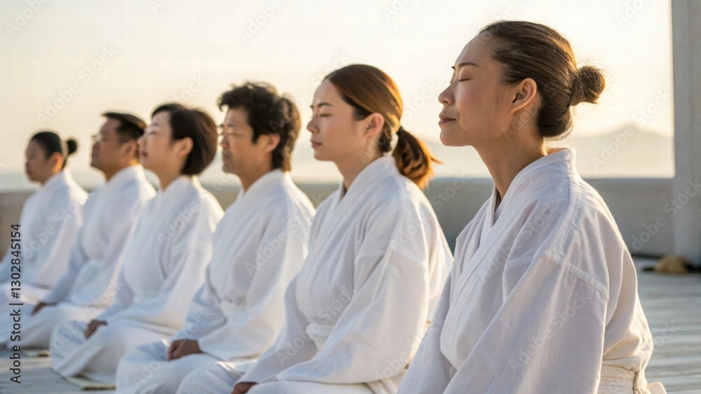 Group of People Meditating in White Robes During Sunrise Session Group of People Meditating in White Robes During Sunrise Session
