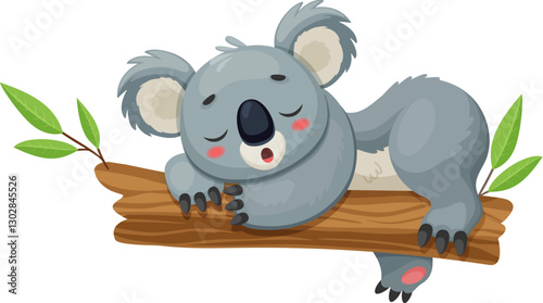 Cartoon funny koala bear character peacefully sleeping on the eucalyptus tree branch. Isolated vector cute tropical animal with fluffy gray fur, embodying adorable charm and relaxed Australian vibes