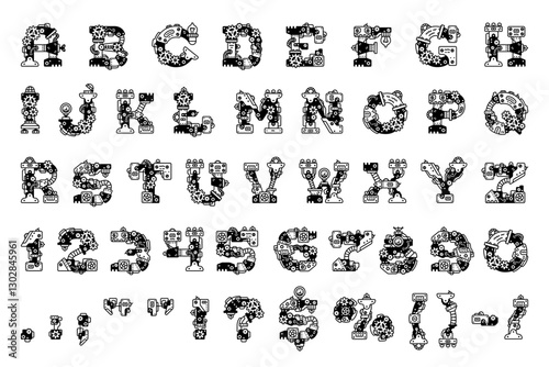 Steampunk font, machine gear typeface, mechanic type, english alphabet letters and numbers with vector thin line mechanical parts, pipes, screws and cogwheels. Steam punk alphabet font typography set
