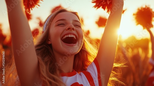 A jubilant scene of cheerleaders celebrating at sunset, displaying vibrant energy, with joyful expressions and fluttering pom-poms against a colorful backdrop. photo