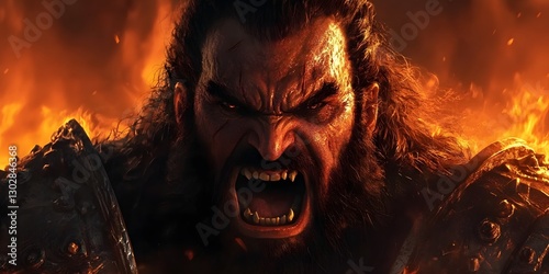 Wrath of the Warrior: An intense close-up of a fierce warrior, consumed by rage, amidst a fiery inferno, exuding raw power and fury in a dramatic, digital illustration.