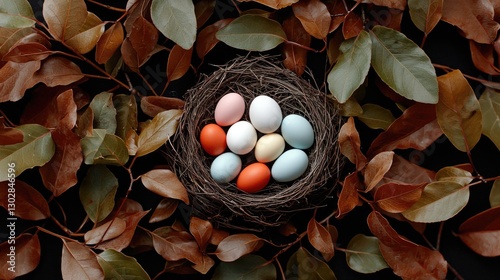 Colorful Eggs in a Nest Surrounded by Autumn Leaves on Black Surface