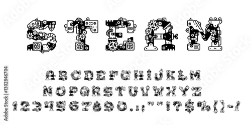 Steampunk font, mechanic type, machine gear typeface, english alphabet vector typography set. Steam punk letters and numbers font with hand drawn outline mechanical gears, gauges, screws and pipes